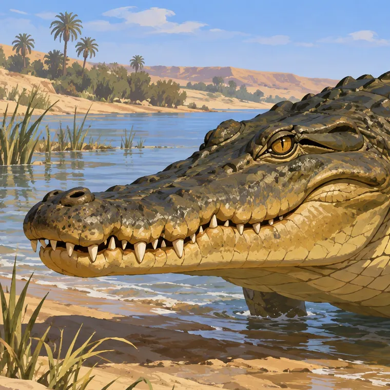 Maga’s long crocodilian head, gold eye and ochre throat beside the Nile.