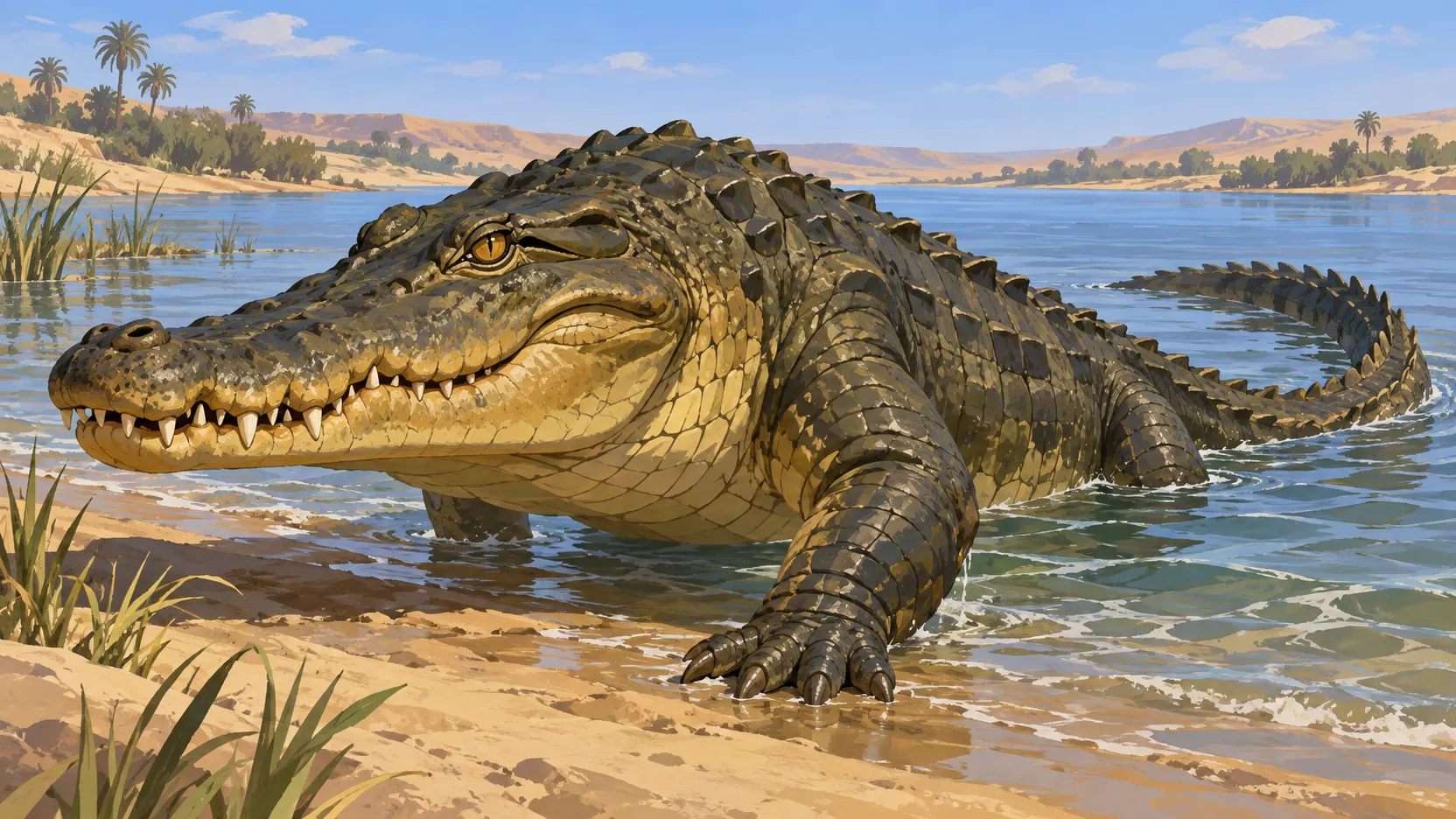 Maga as an olive-and-ochre crocodile emerging from shallow Nile water onto a sandy bank.