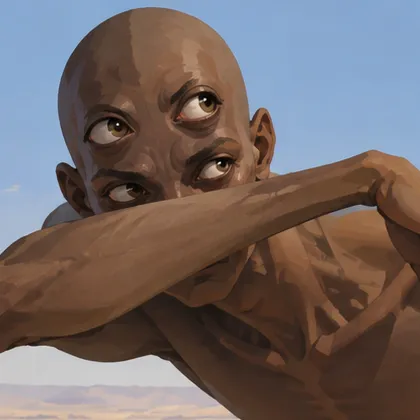 Illustrated Sehaqeq with four eyes and a raised forearm across his face, shown with his upper chest.