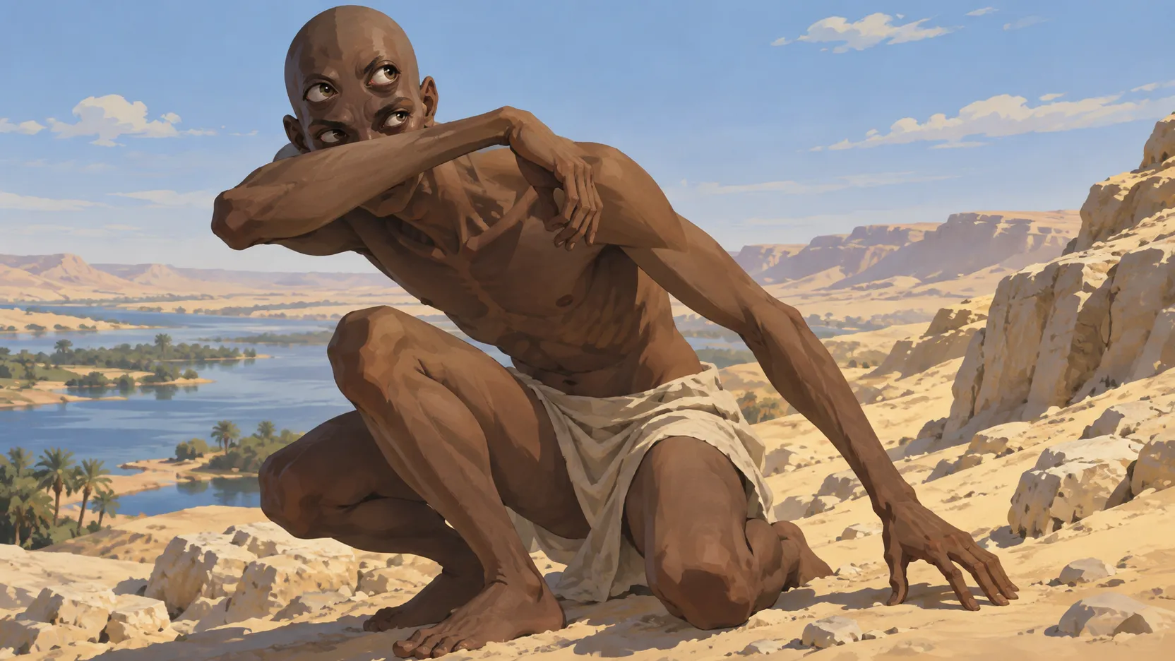 Four-eyed Sehaqeq crouches on a sunlit limestone slope above water and palms, his right forearm covering part of his face.