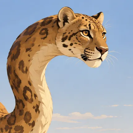 Close view of a Serpopard’s feline head and spotted, curving neck against blue sky.