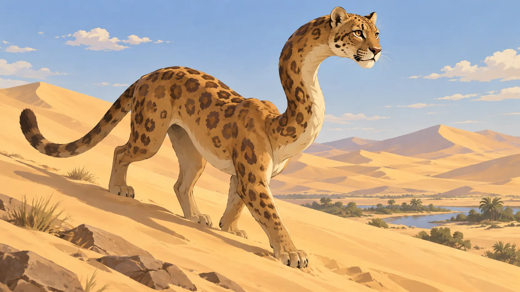 A spotted Serpopard with a long curved neck walks across sunlit dunes above a distant river.