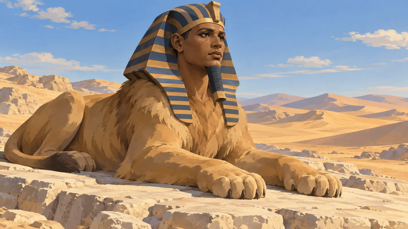 A wingless Egyptian sphinx with a human royal head and tawny lion body rests on limestone above desert dunes.