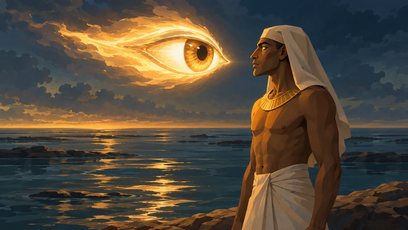 Ra faces his returning, fiery Eye above the dark primeval waters, standing on a bare ridge of newly formed earth.