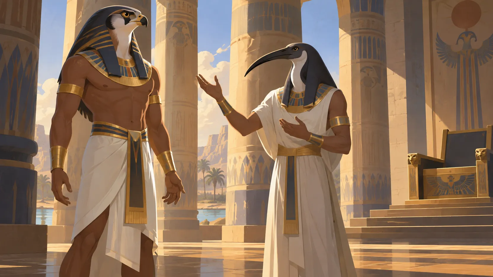Falcon-headed Horus listens as ibis-headed Thoth raises a hand to speak beside an empty royal seat.
