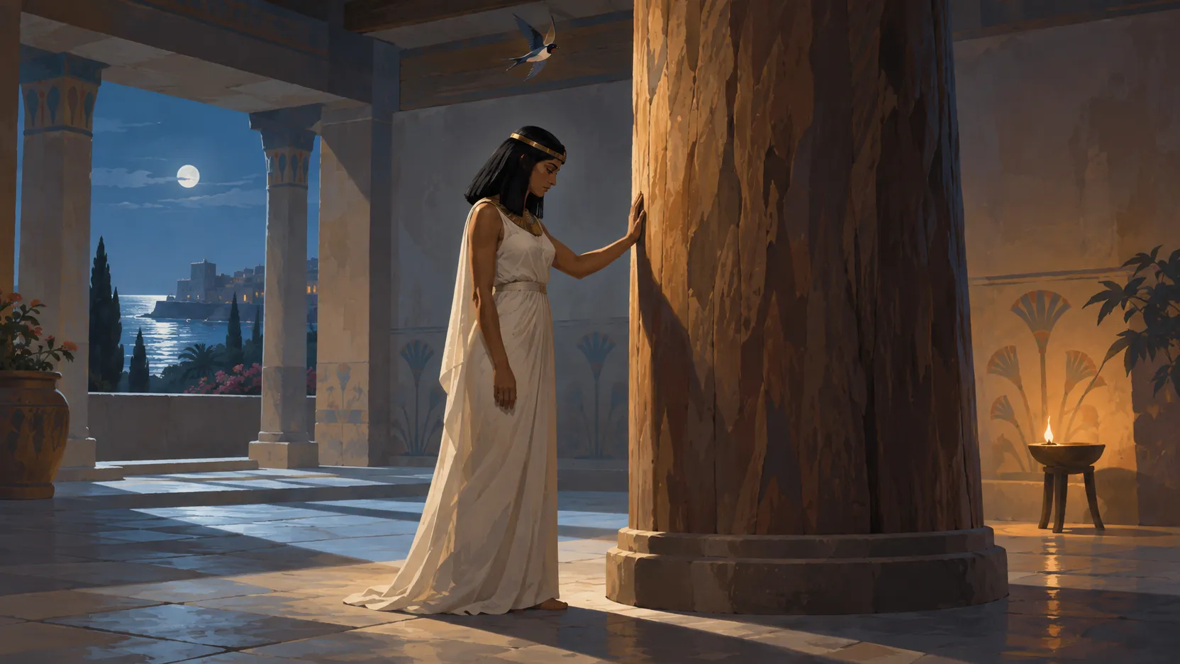 Isis rests her hand on a great wooden palace pillar while a swallow flies beneath the roof beam.