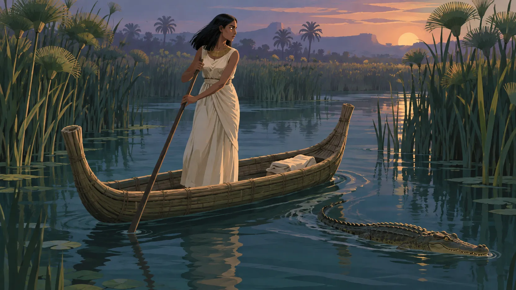 Isis guides a papyrus boat through a reed-lined marsh while a crocodile swims away beside the hull.