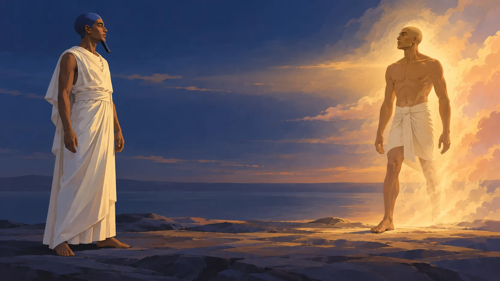 Ptah in a blue cap faces Atum as he takes form in golden light above newly formed ground.