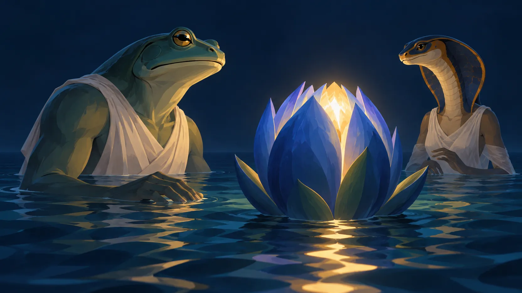 Frog-headed Nu and serpent-headed Naunet stand in dark water beside a blue lotus opening around golden light.
