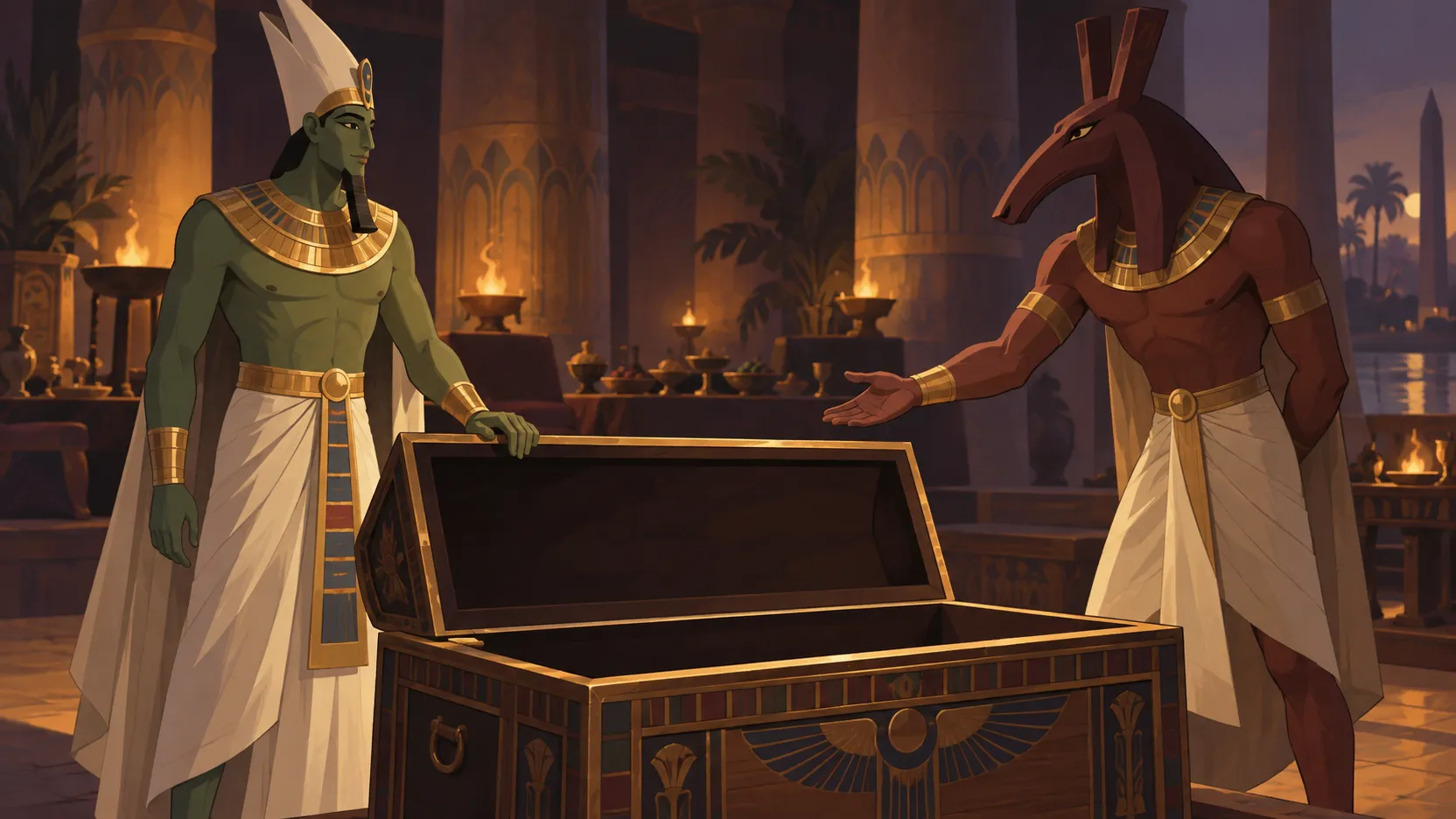 Osiris stands beside an open wooden chest as Seth extends a welcoming hand in a lamplit Egyptian hall.