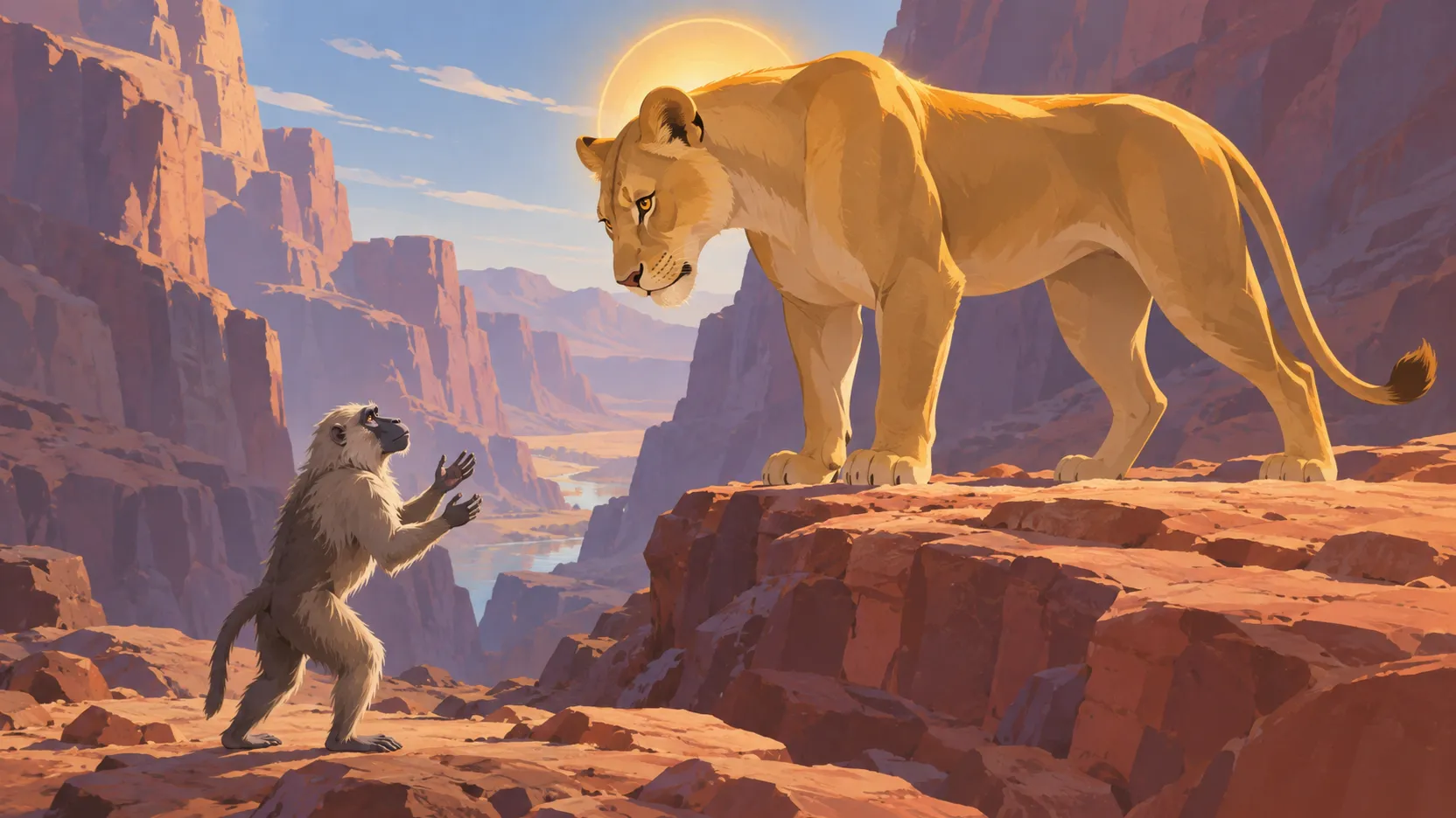 Hathor as a golden lioness on a rocky ledge faces Thoth, a small baboon raising his hands beneath her sunlit head.