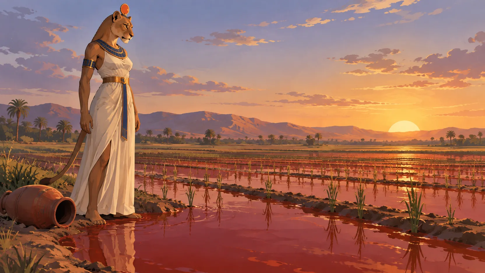 Lioness-headed Hathor as Sekhmet stands beside a field flooded with red beer at dawn, with an empty clay jar on the bank.