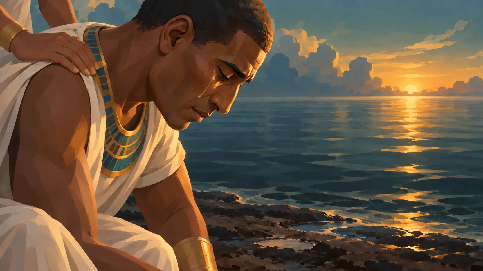 Ra bows his head with a tear running down his cheek, a hand resting on his shoulder and dark water beyond.