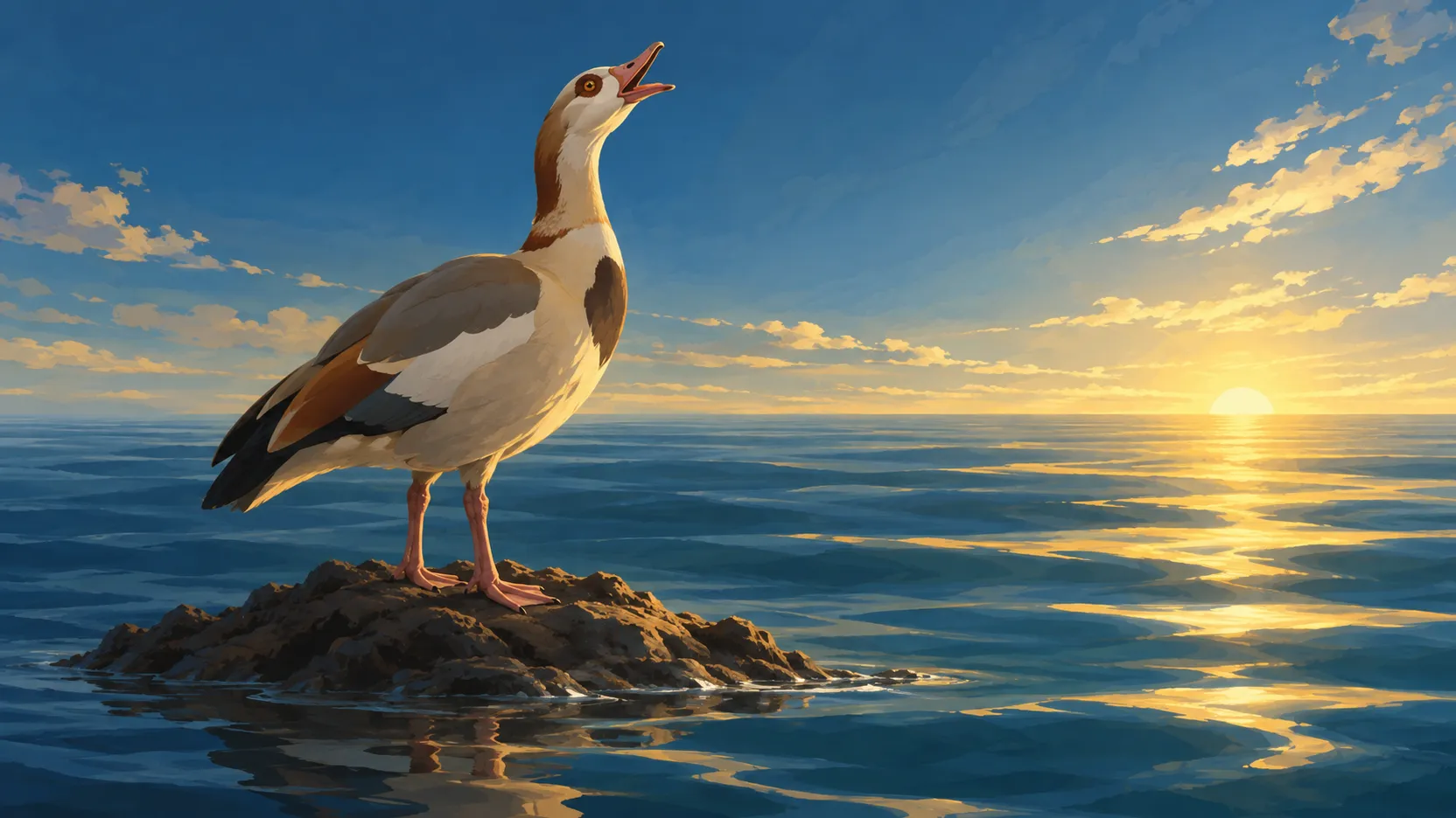 Amun as a calling goose stands on a small mound amid blue primordial waters as golden sunlight spreads across the horizon.