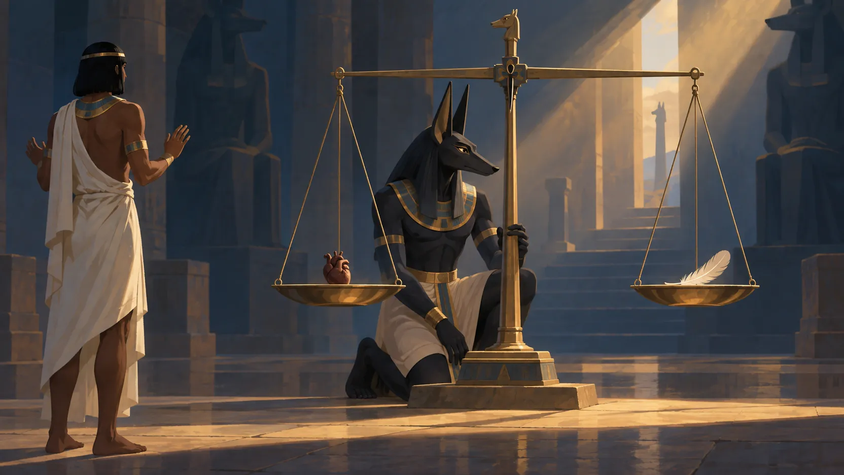 Ani raises his hands beside Anubis, who kneels at a balance holding a heart and a pale feather in an Egyptian hall.