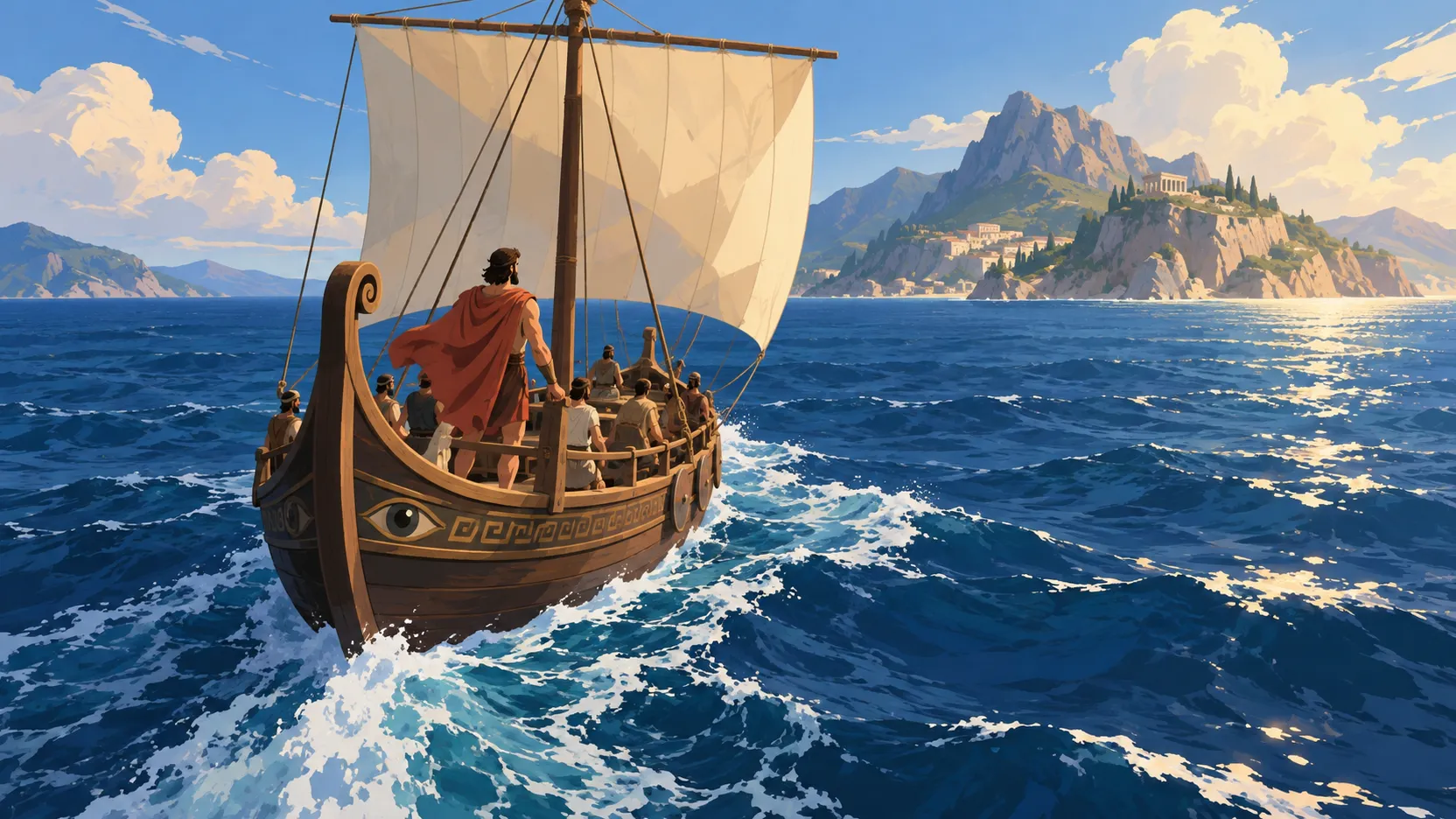 Odysseus and his crew sail across blue water toward a distant island.