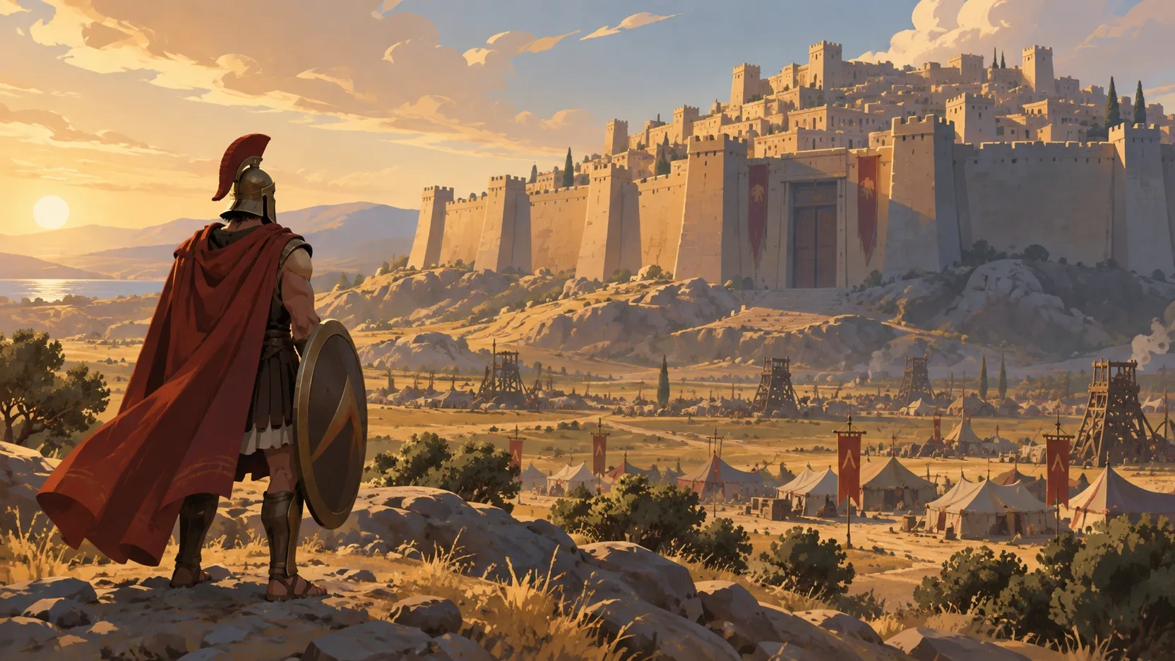 A Greek warrior looks toward the fortified city of Troy and the siege camp below.