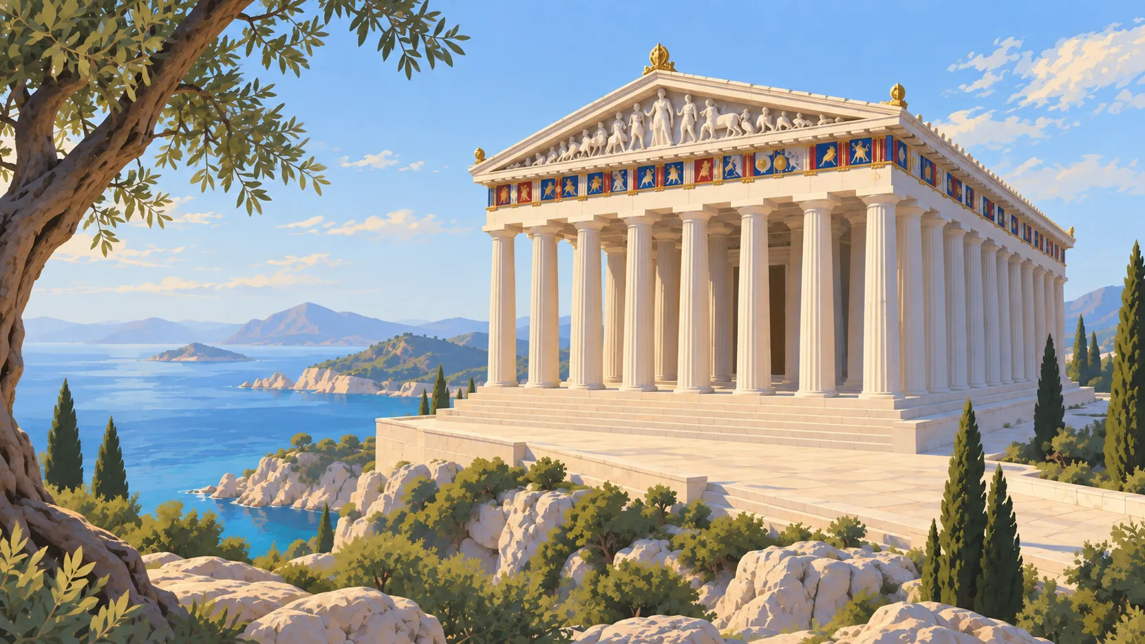 A pristine marble Greek temple overlooking the Aegean Sea, framed by olive trees and cypresses in morning light