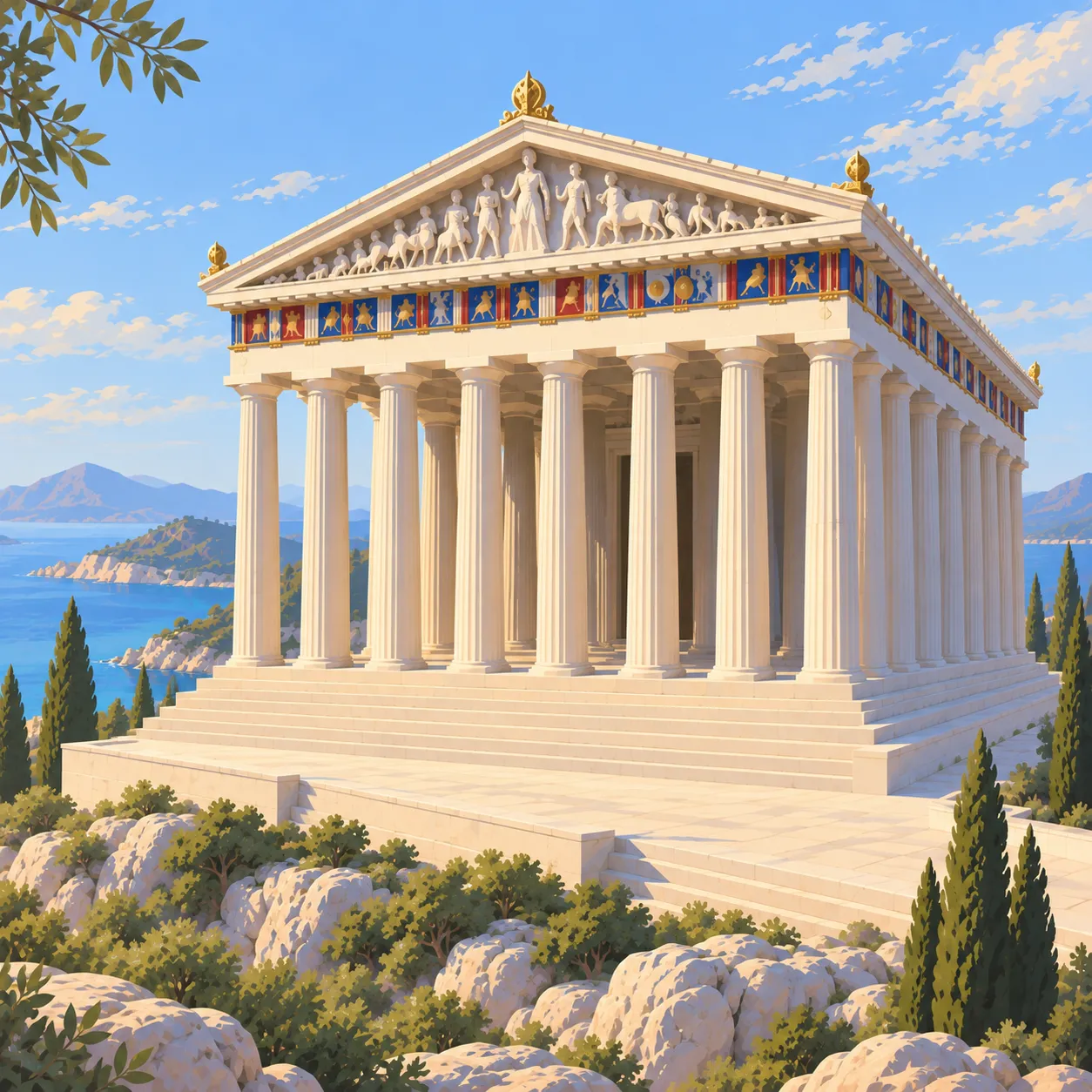 A pristine marble Greek temple with sculpted pediment and colorful frieze above the Aegean Sea