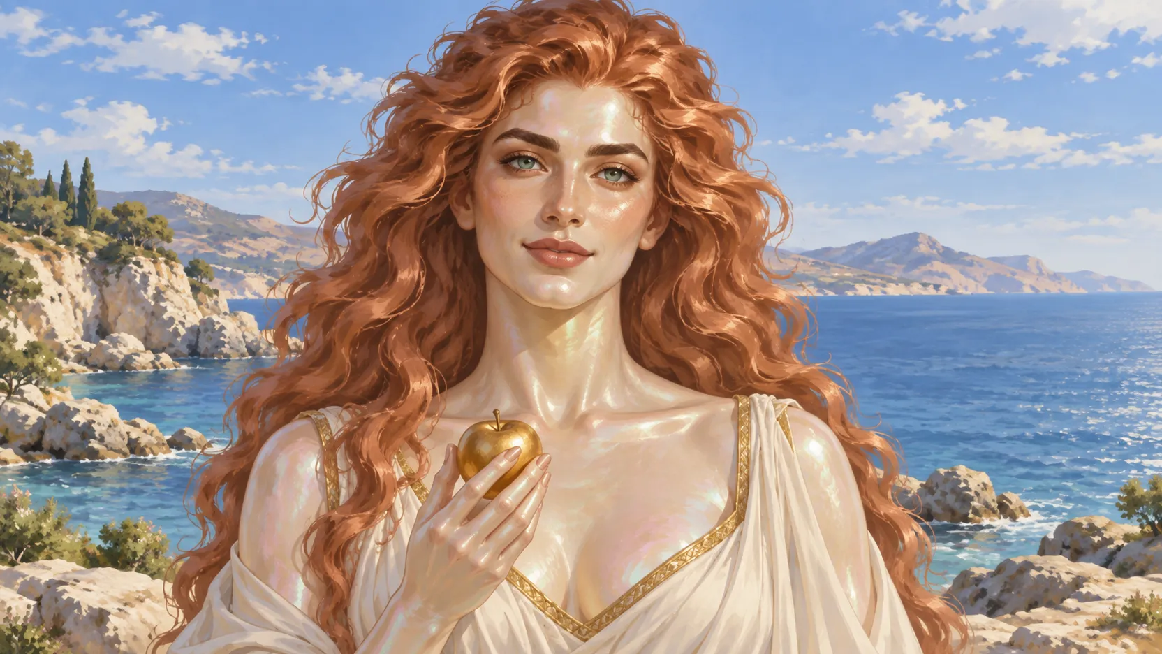 Aphrodite holds a golden apple, wearing an ivory draped garment before rocky cliffs and the open sea.