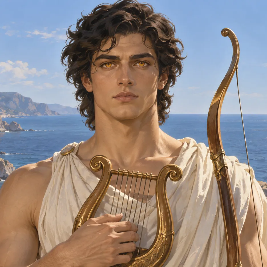 Apollo with amber eyes, dark curls, an ivory drape, a lyre and a bow before a rocky coast.