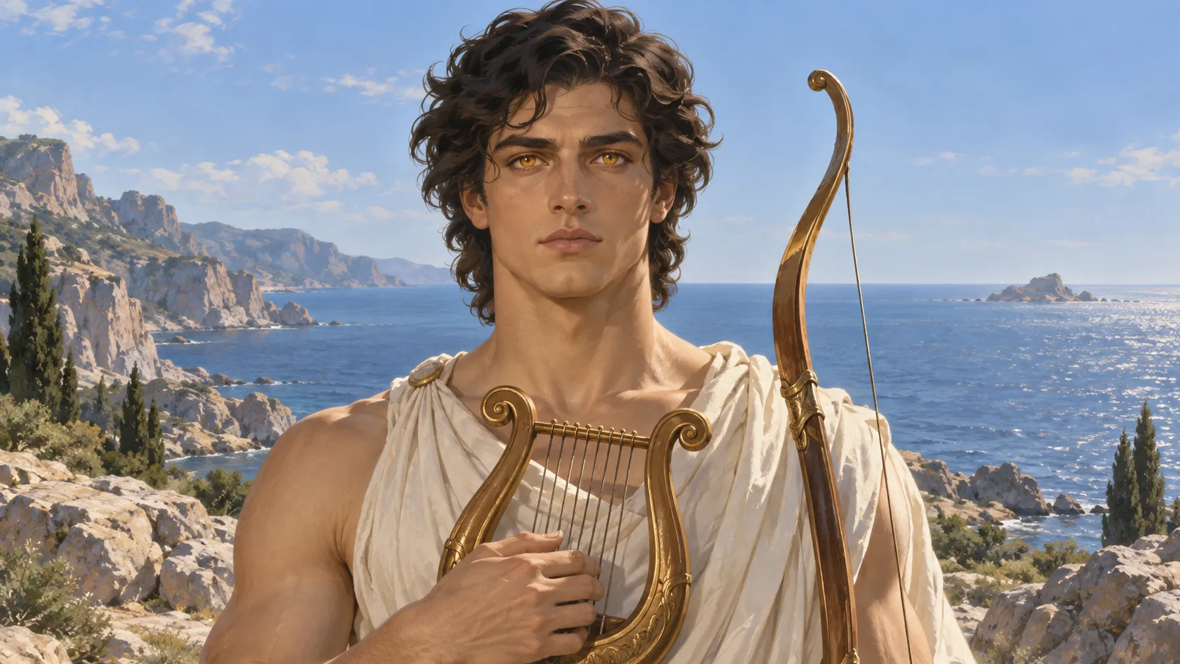 Apollo holds a lyre beside a bow, framed by rocky cliffs and the open sea in daylight.