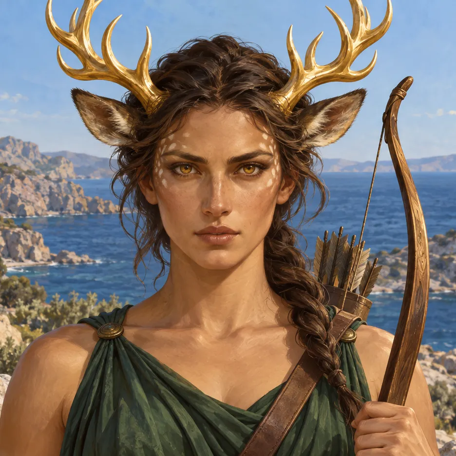 Artemis with golden antlers, deer ears and amber eyes, wearing a green chiton and holding a bow.
