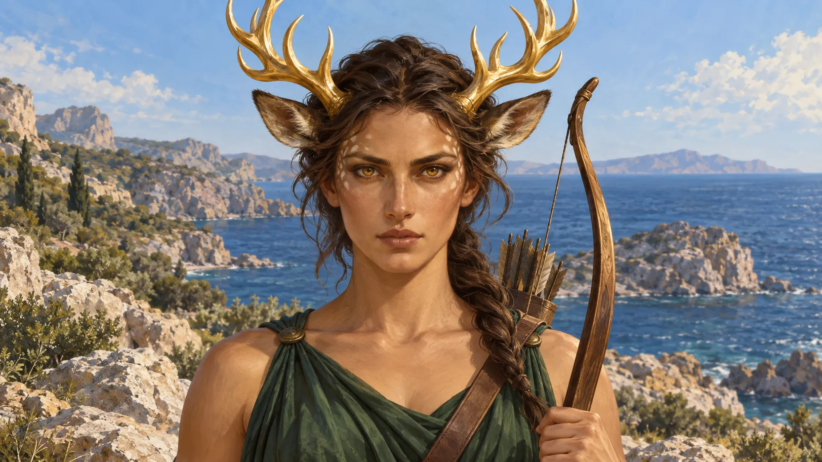 Artemis with golden antlers and a wooden bow before a sunlit rocky coast and blue sea.