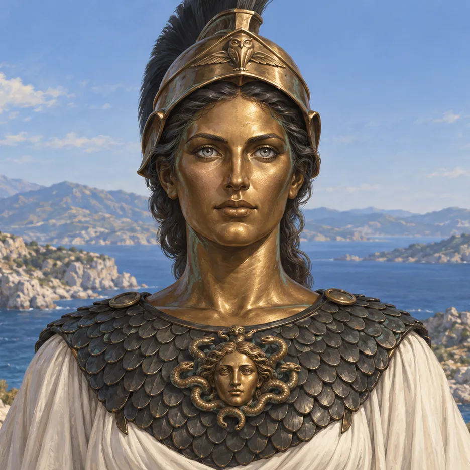 Athena with a bronze face, pale grey eyes, crested helmet, and dark aegis bearing a Gorgon head.