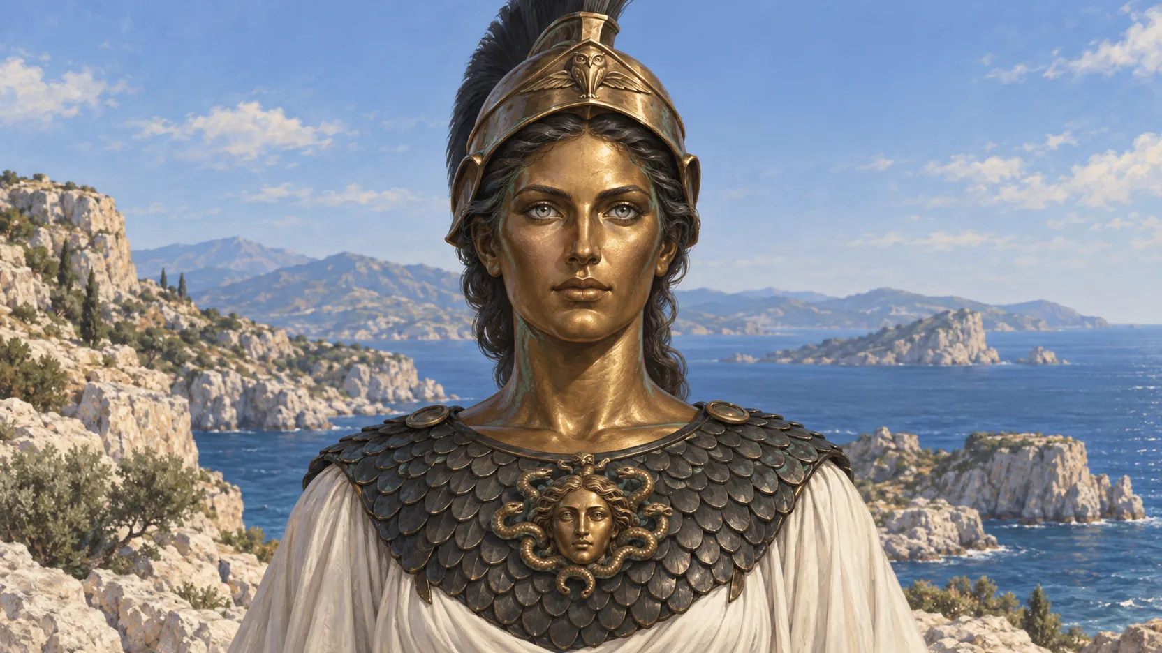 Bronze-faced Athena in a crested helmet and dark aegis, with a rocky coastline and blue sea behind her.