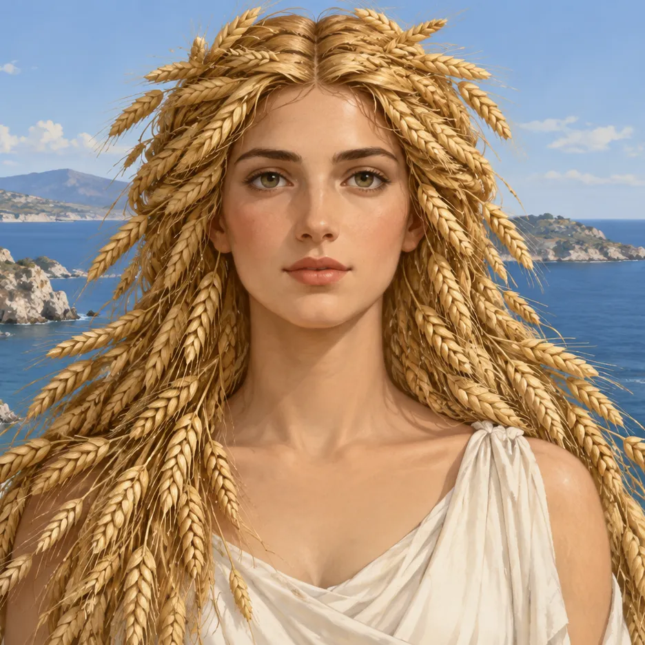 Portrait of a young Demeter with grain ears forming her hair, wearing a white draped garment beside the sea.