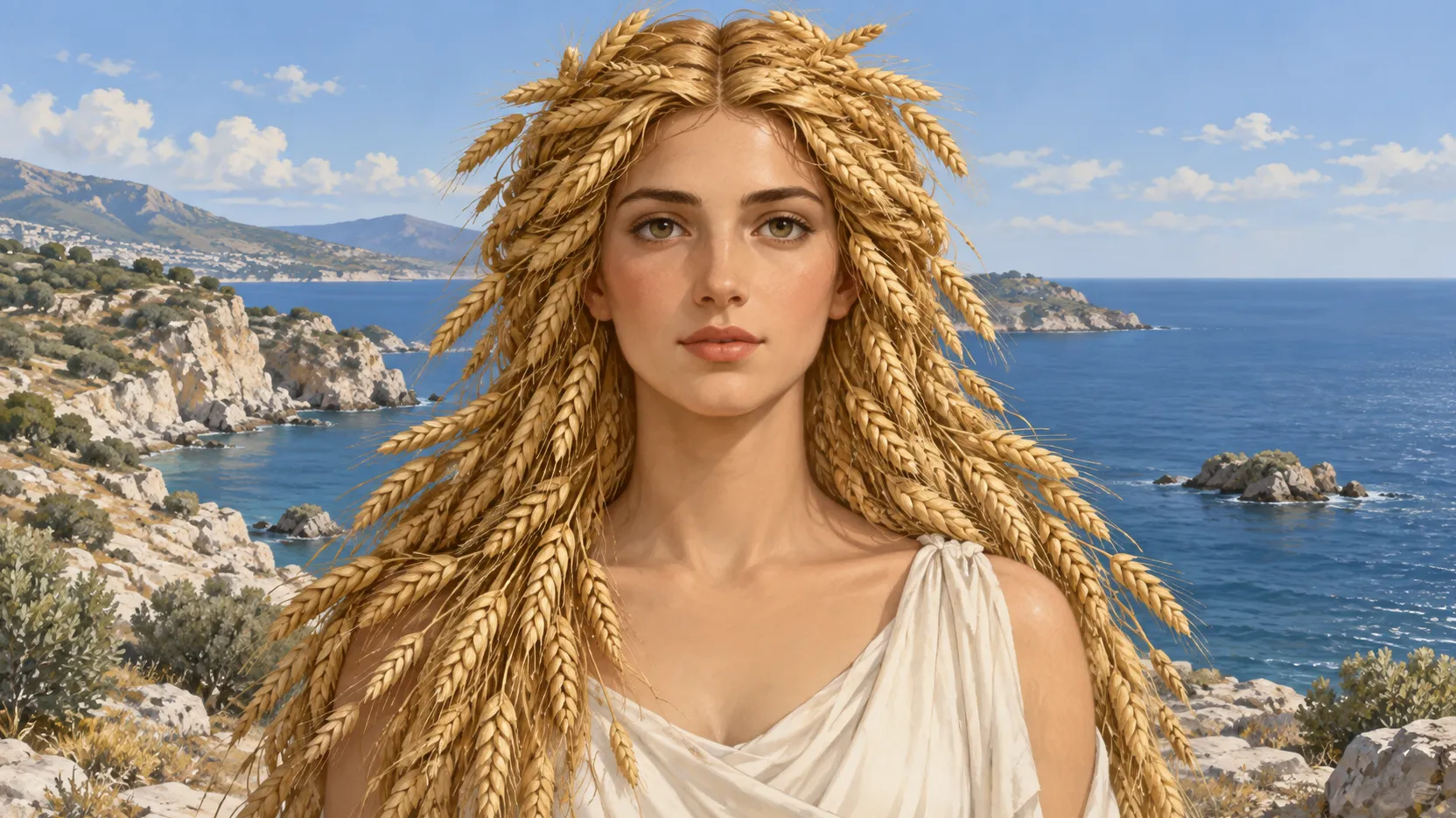 Demeter faces forward with hair formed from grain ears, against a sunlit rocky coast and blue sea.