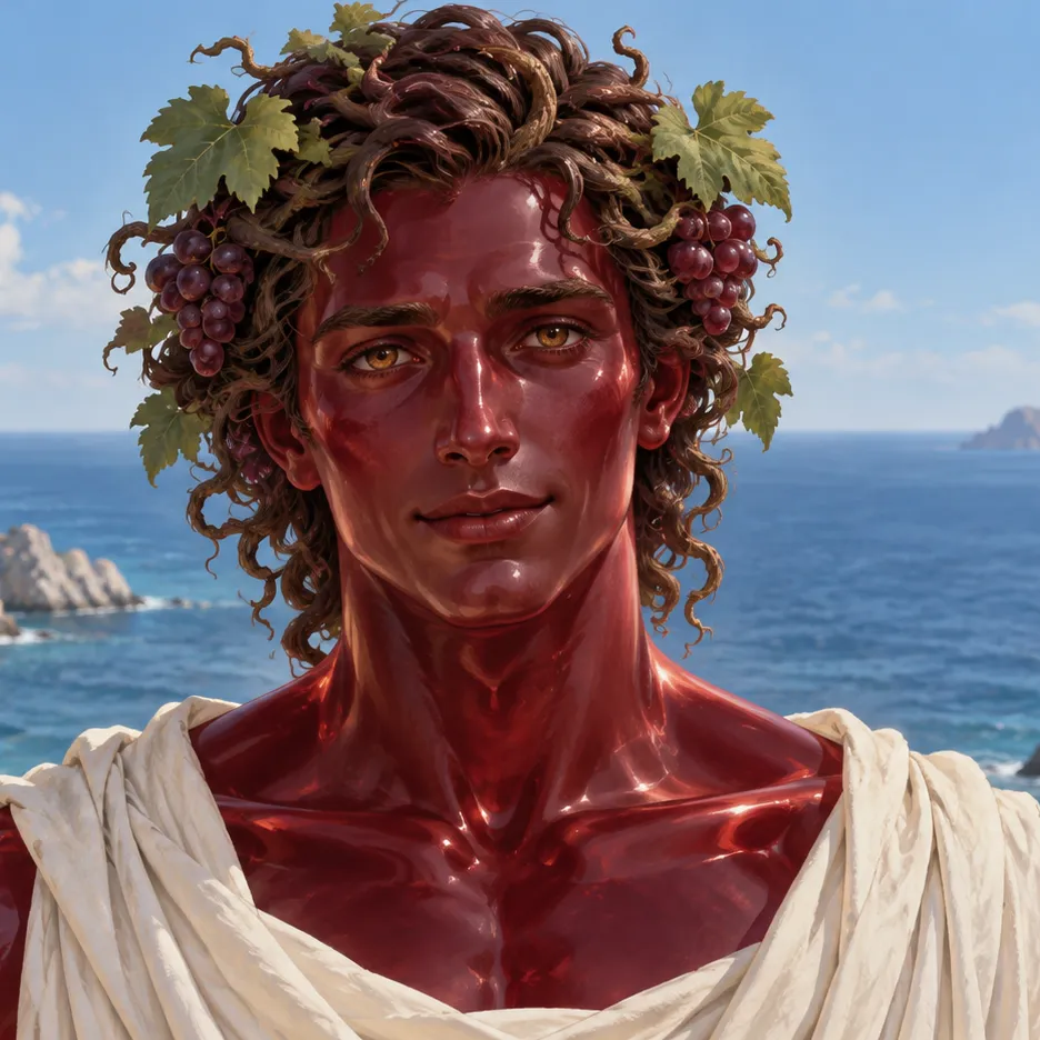 Dionysus with a translucent ruby-red face, vine-like curls, grapes and leaves, wearing ivory drapery.
