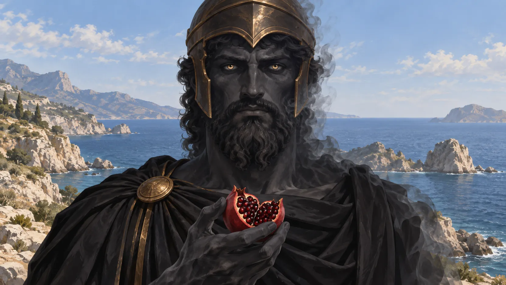 Hades in dark drapery and a bronze helmet, holding a pomegranate before a sunlit rocky coast and blue sea.