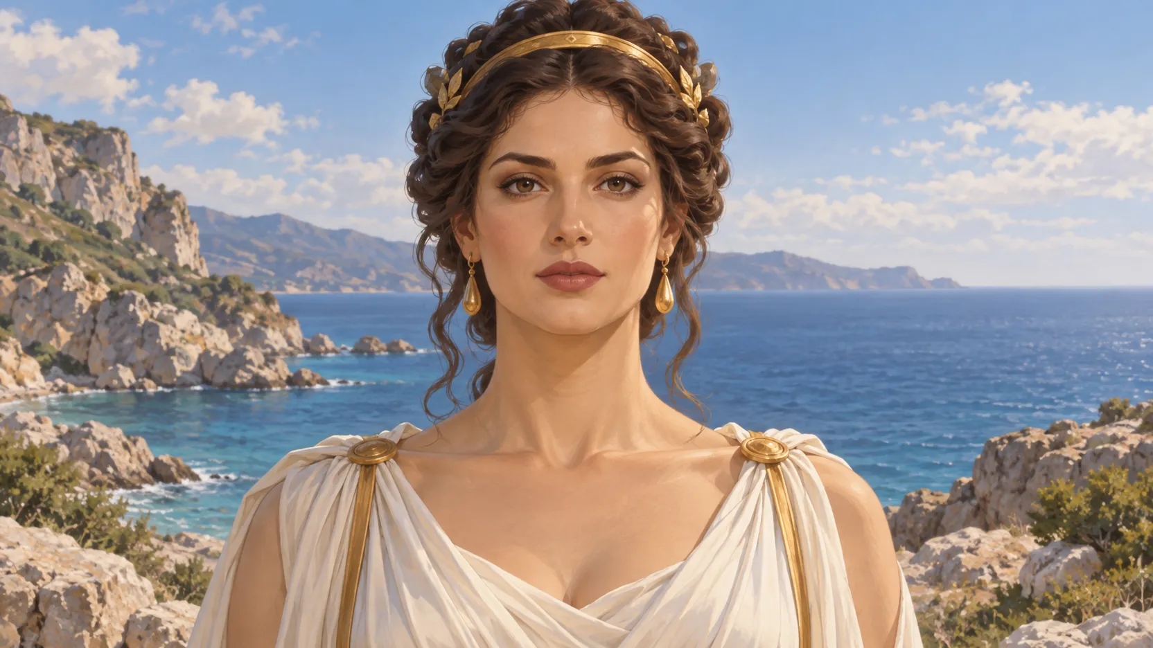 Hera in a white draped gown and gold headband, centered against a sunlit rocky coast and blue open sea.