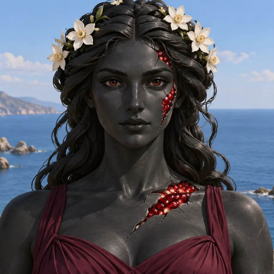 Persephone with dark stone features, red pomegranate seeds and white flowers in her hair.