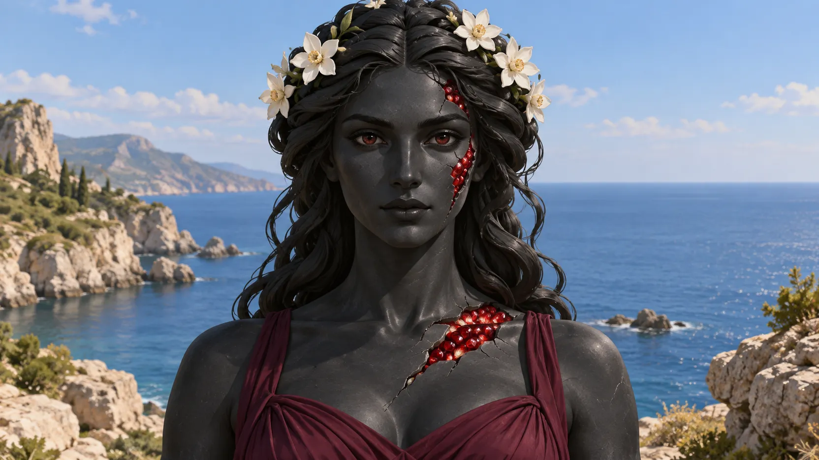 Persephone with dark stone skin and white flowers, wearing burgundy before a sunlit rocky coast and blue sea.