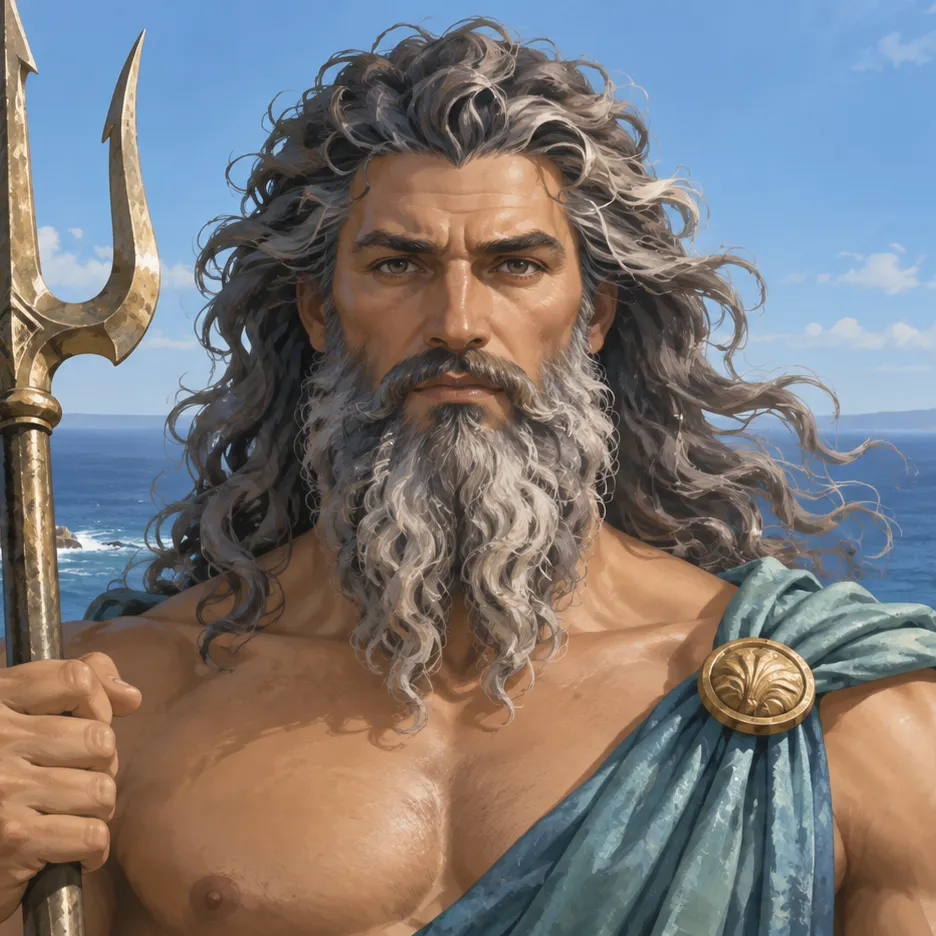 Portrait of Poseidon with flowing gray hair, a beard and a blue cloak beside the sea.