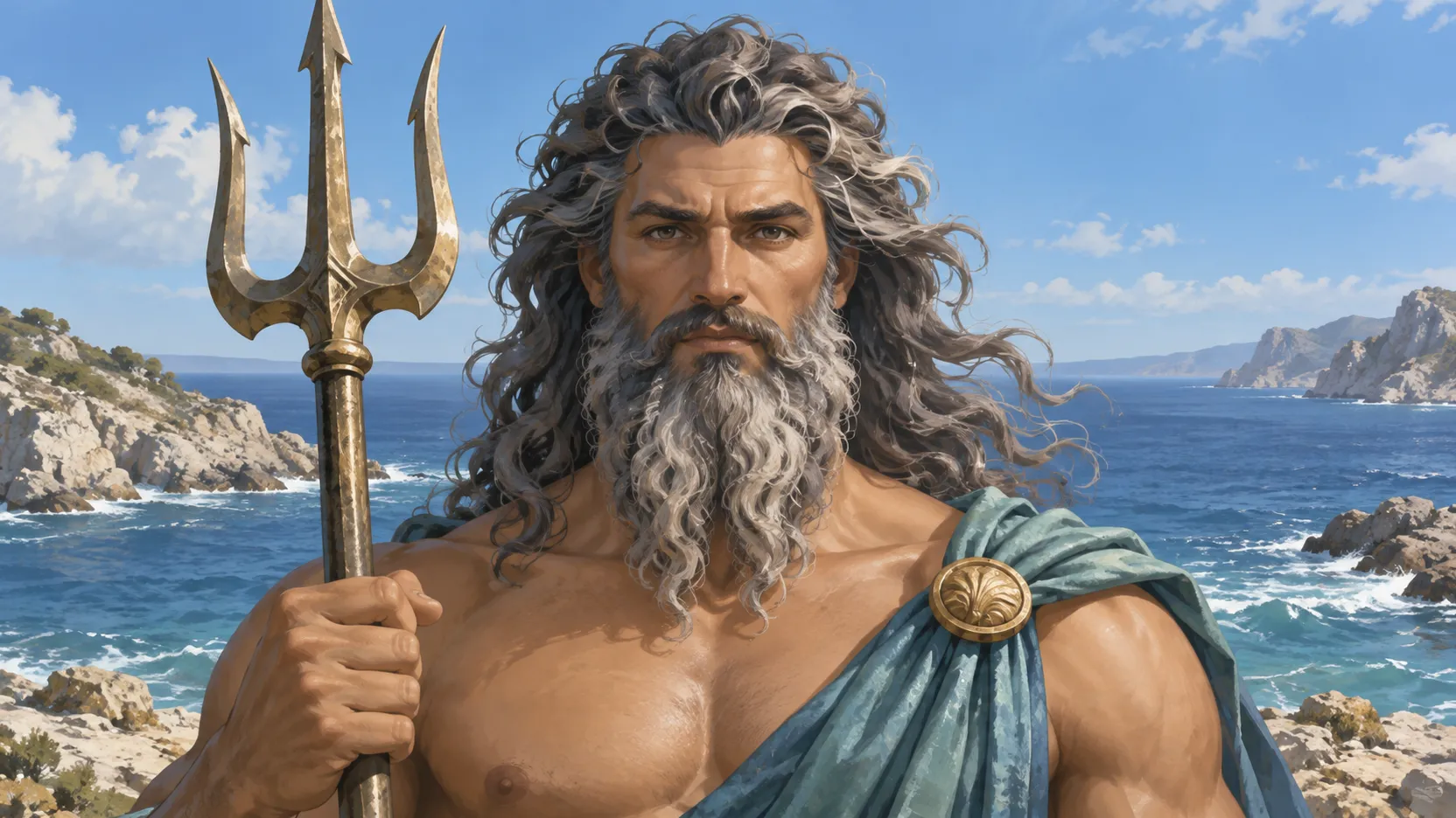Poseidon holding a trident before a rocky coast and open blue sea in daylight.