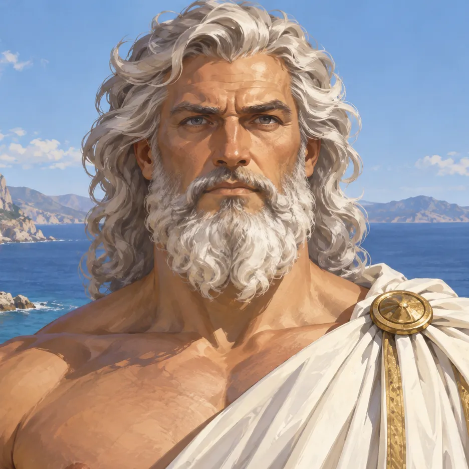 Zeus faces forward with white hair and beard, wearing a white cloak fastened at the shoulder.