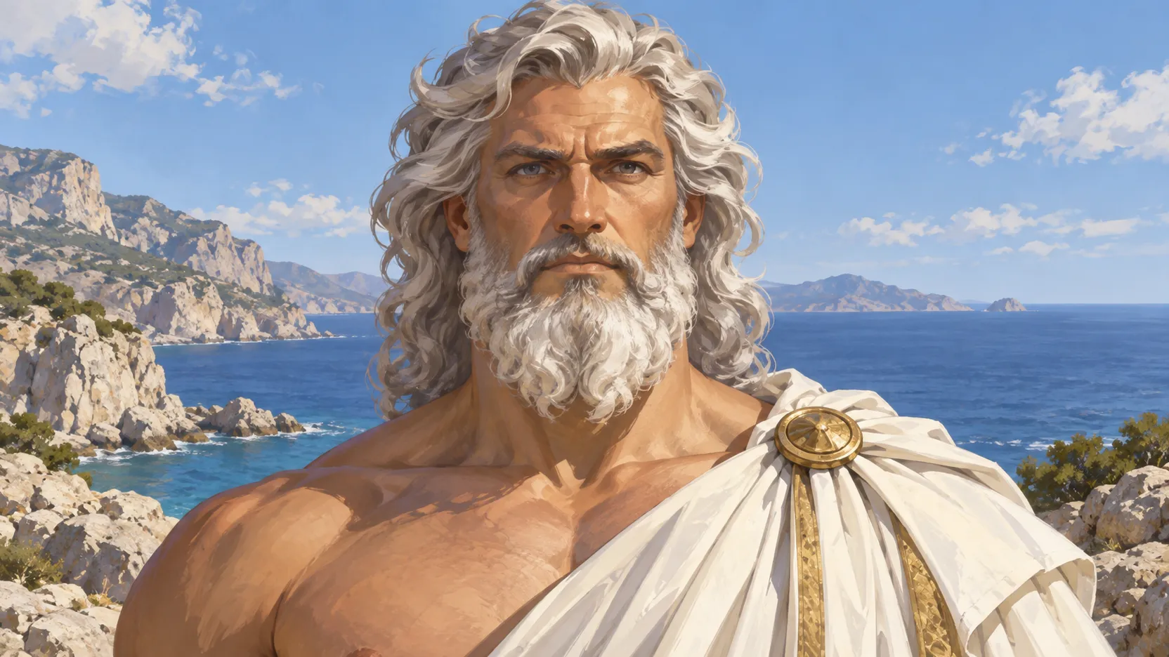 Zeus in a white cloak, with white hair and beard, before a sunlit rocky coast and blue sea.