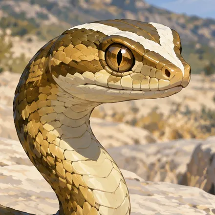 Close view of a golden basilisk’s pale-marked head and raised neck against sunlit rocks.