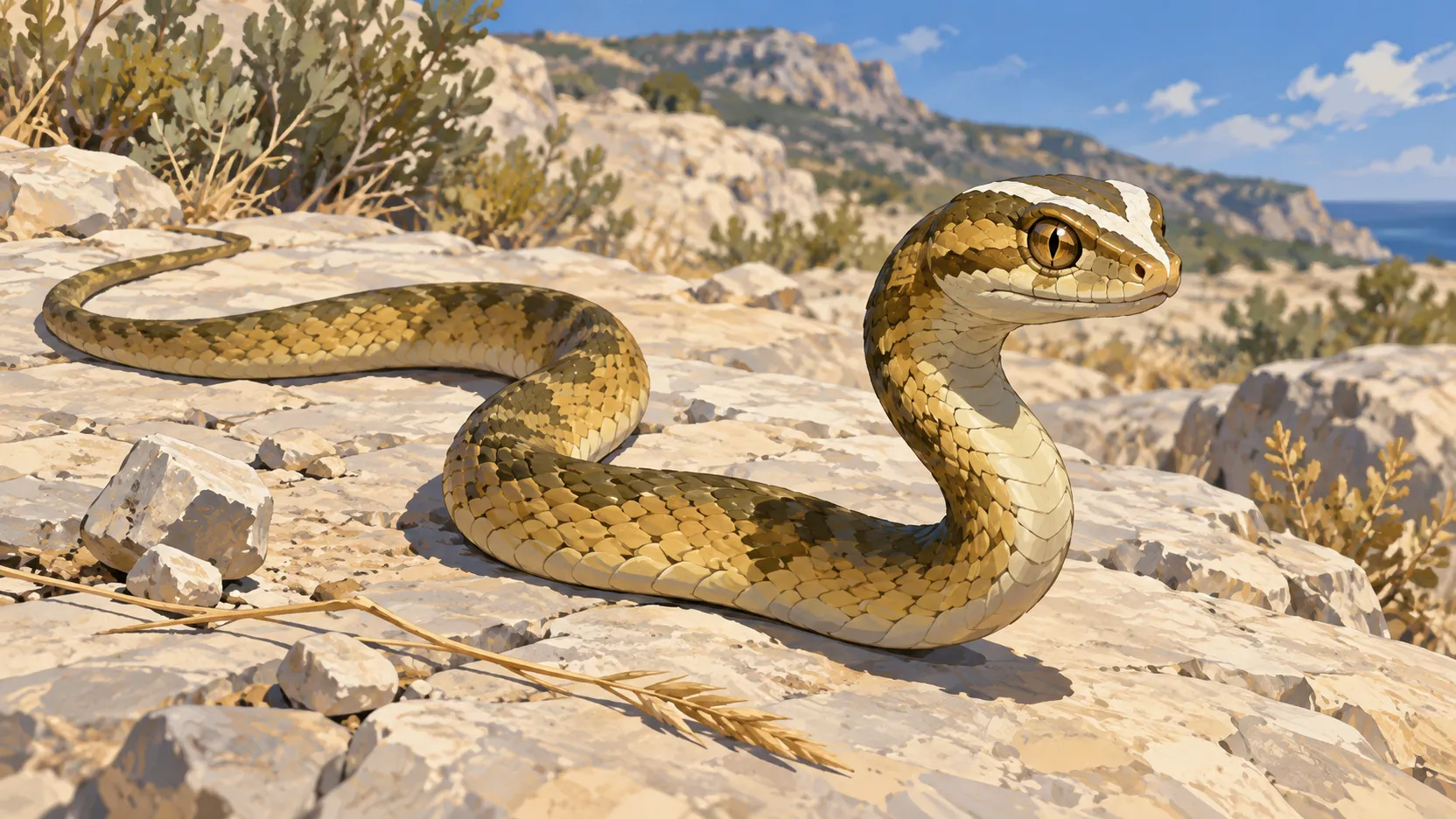 A golden basilisk raises its pale-marked head above winding coils on limestone beside a dry rocky hillside.