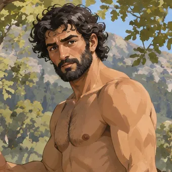 Close view of a dark-haired, bearded centaur with bare shoulders against painted mountain foliage.