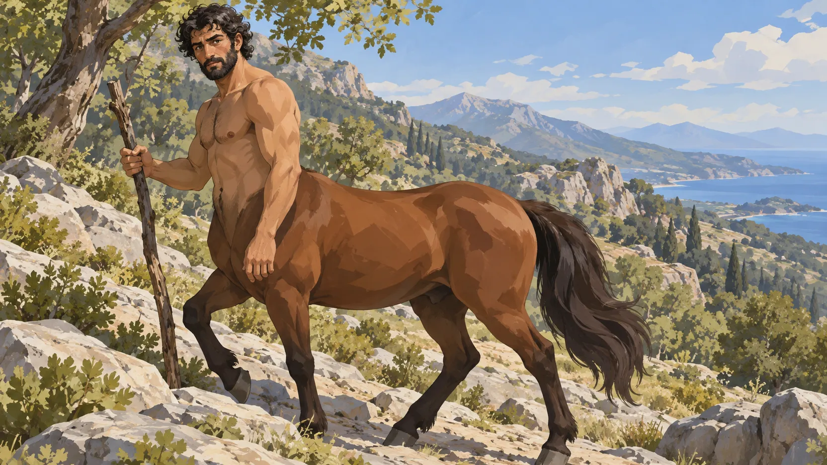 A chestnut centaur carrying a branch walks across a rocky wooded slope above a distant blue coast.