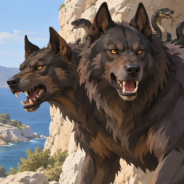 Close view of two of Cerberus’s dark canine heads, with snakes rising behind their necks.