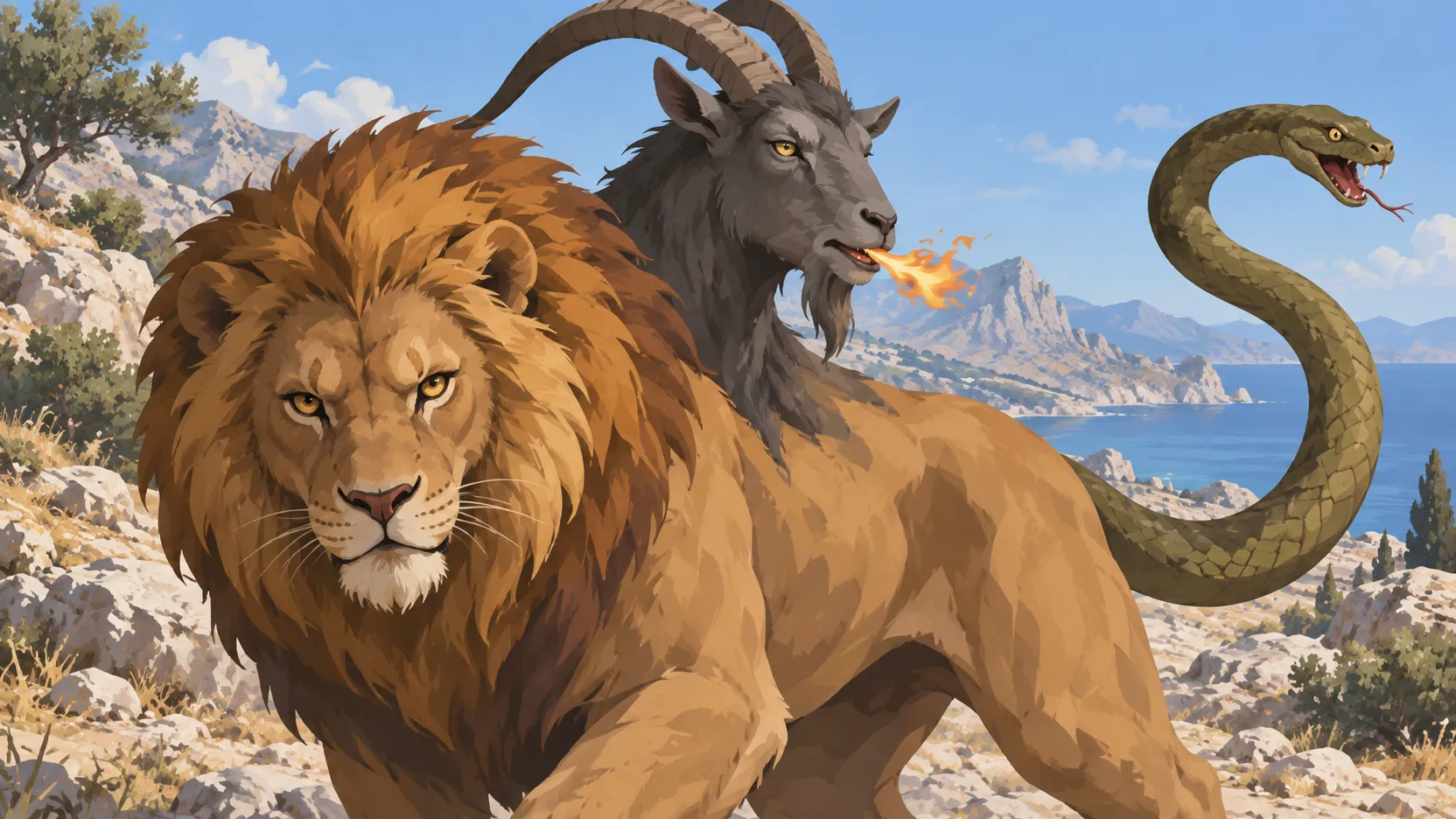 A lion-bodied Chimera prowls a rocky hillside, bearing a fire-breathing goat head and a serpent-headed tail.