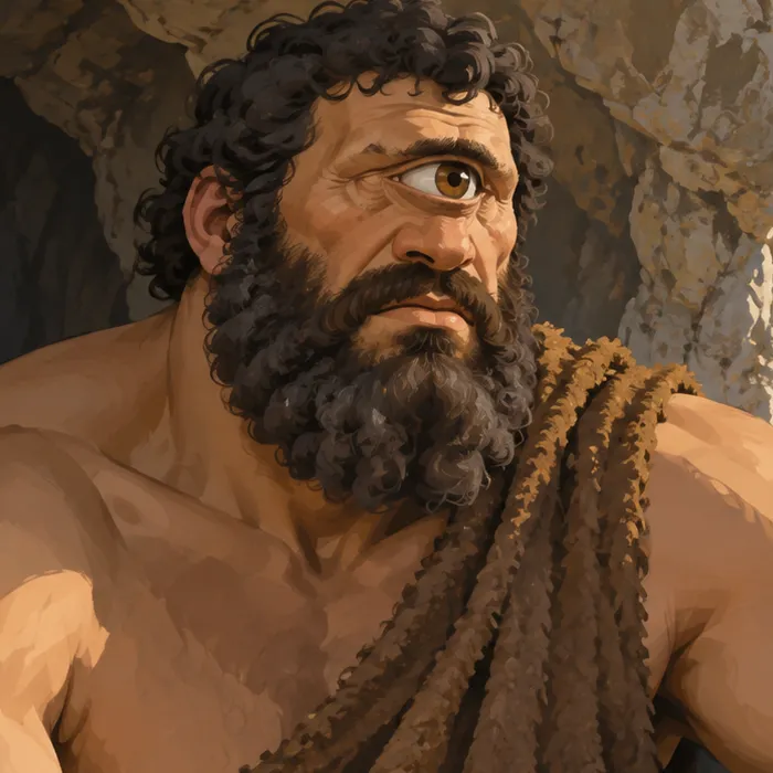 Polyphemus’s single eye above his nose, framed by dark curls and a heavy beard.