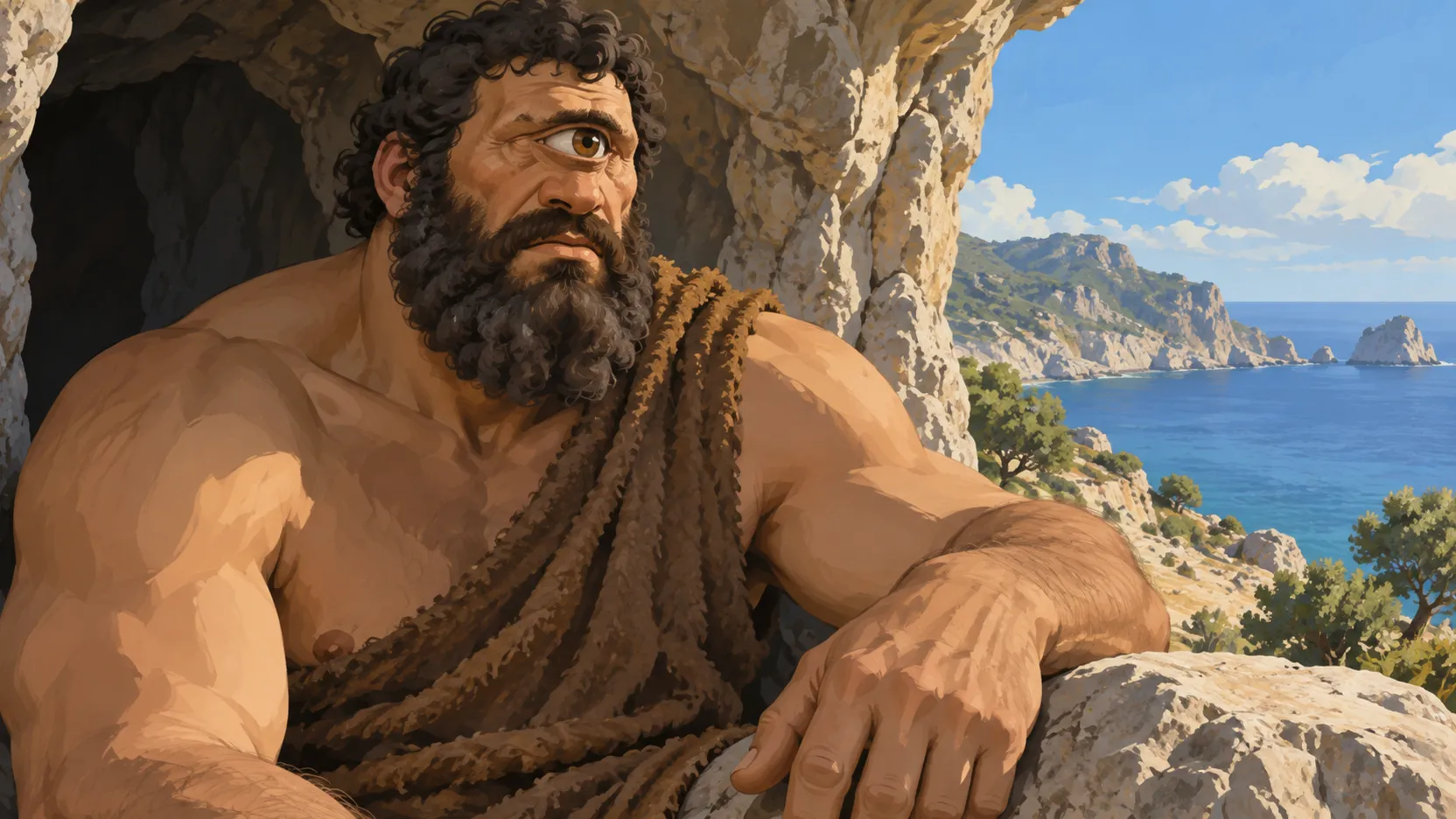 The one-eyed Cyclops Polyphemus sits beside a limestone cave overlooking the blue Greek sea.