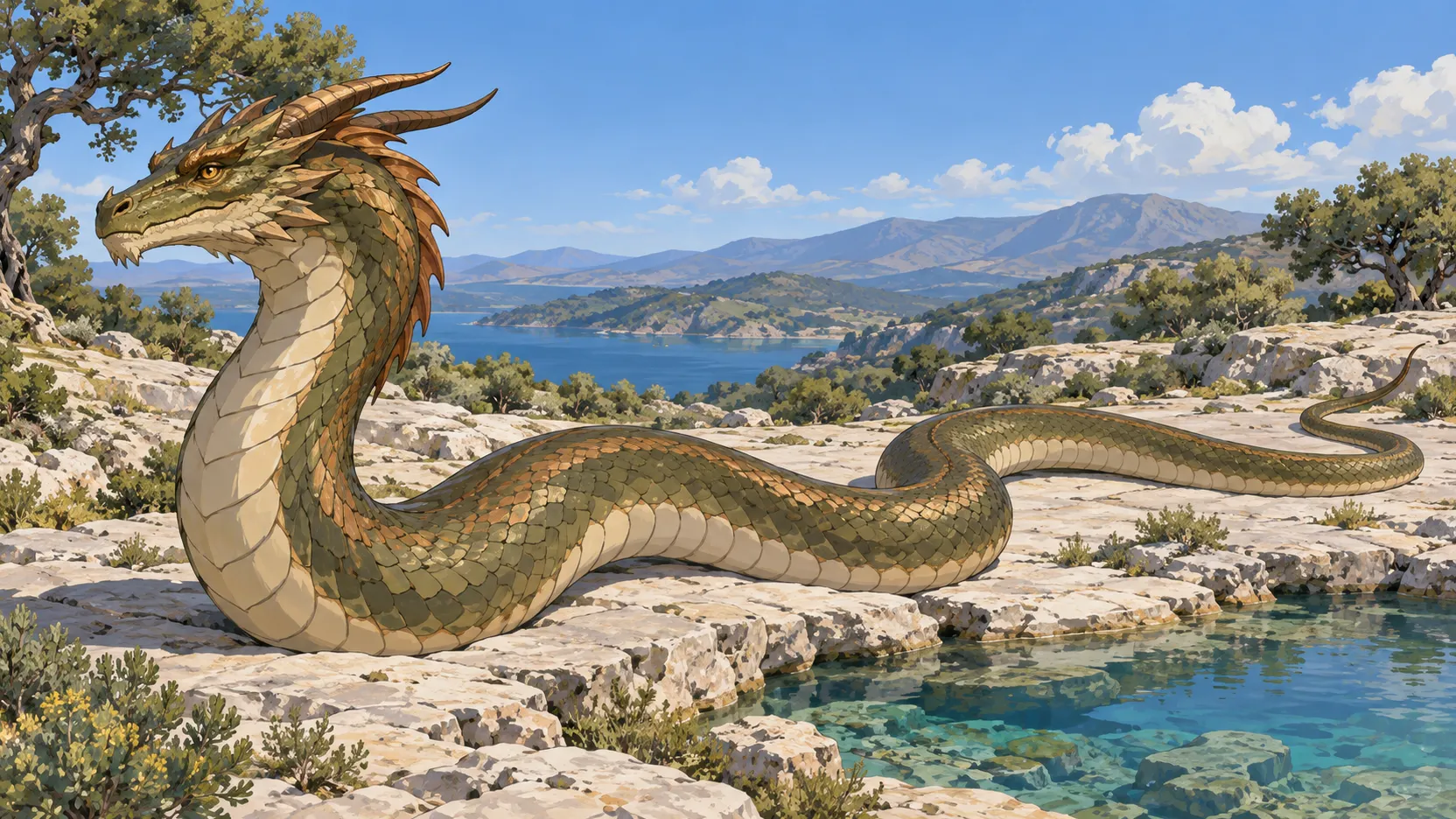 A horned dragon with one long olive-scaled snake body rests in open S-shaped bends on limestone beside a clear Greek spring.
